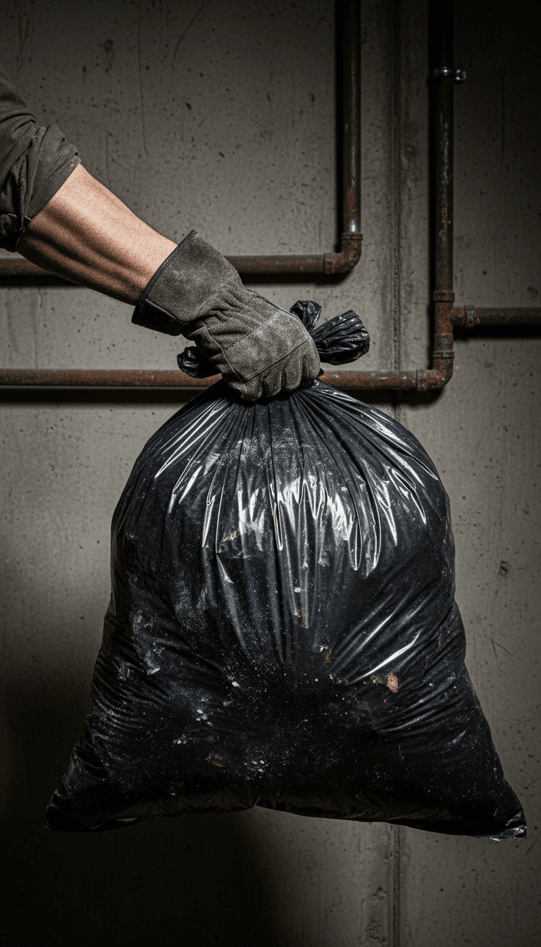 Gloved hand holding a full heavy-duty trash bag of construction debris