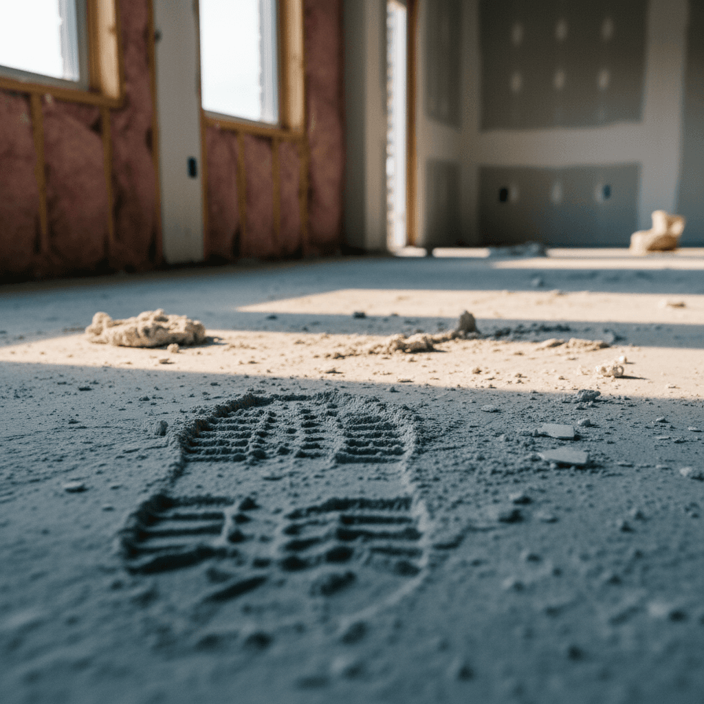 Dust and debris on a construction site floor after work is finished