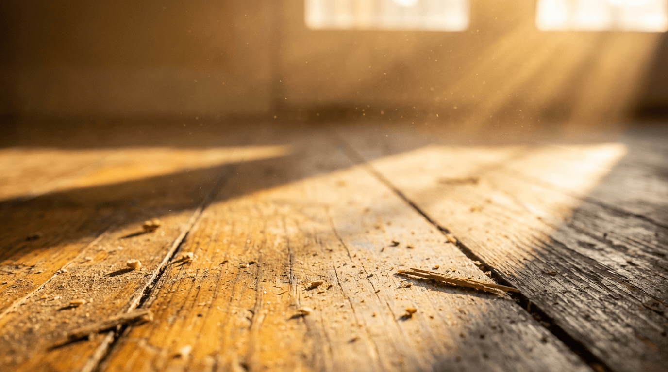 Sweeping construction dust from concrete floor with broom and dustpan